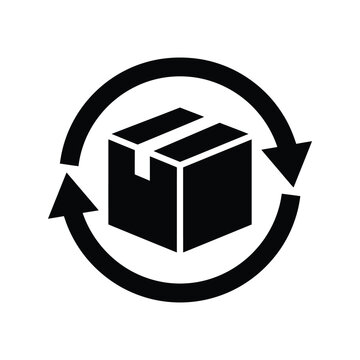 Black box icon with circular arrows representing shipping return or package delivery cycle