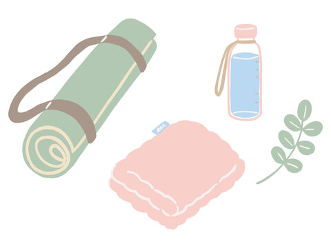 持ち運びできるヨガマットとスポーツボトルの手描きイラスト / Hand-drawn illustration of a portable yoga mat and a sports bottle