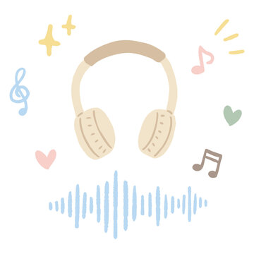 ワイヤレスヘッドホンと音波の音楽でリラックスする手描きイラスト / Hand-drawn illustration of relaxing with a wireless headphone and sound wave music