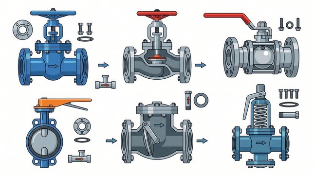 Six valve types are illustrated, detailing their external form and internal flow control parts