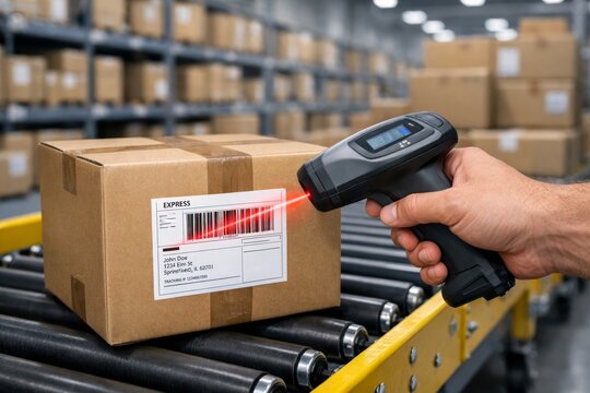 Barcode scanning on conveyer line in industrial warehouse concept. Ai generative