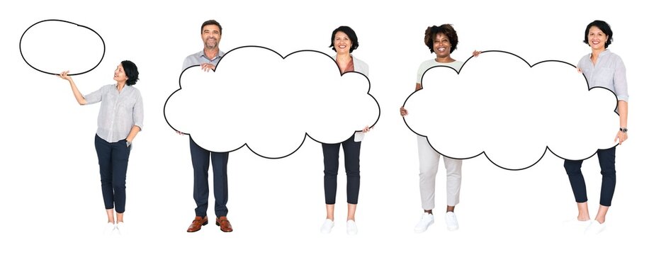 Diverse people holding blank clouds element set isolated on white