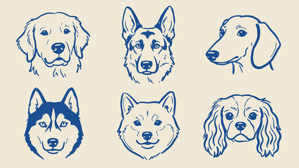 Stylized dog breed line drawings featuring golden retriever german shepherd dachshund husky shiba inu and cavalier king charles spaniel © Abdul Waheed Studio