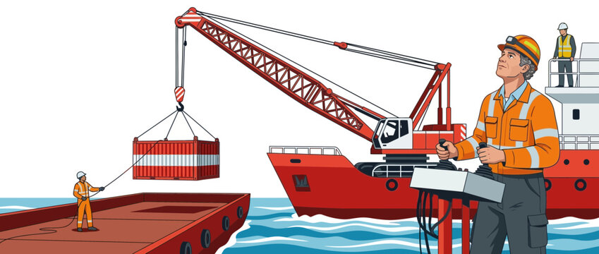 Cargo ship loading container with crane, dockworkers and barge at sea