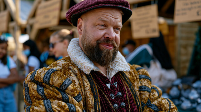 Living history market reenactor in authentic Tudor merchant costume haggling with visitor over replica pewterware at open-air heritage fair, timber-framed market stalls behind him, hand-lettered pri