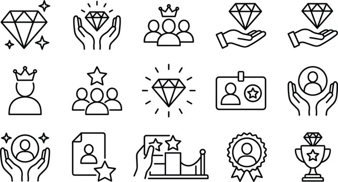 VIP customer loyalty line icons set with premium diamonds crowns trophies stars and member privilege vectors