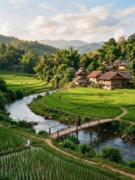 Traditional village houses by rice fields and river in a valley
