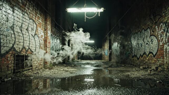 Abandoned graffiti alley with smoke.