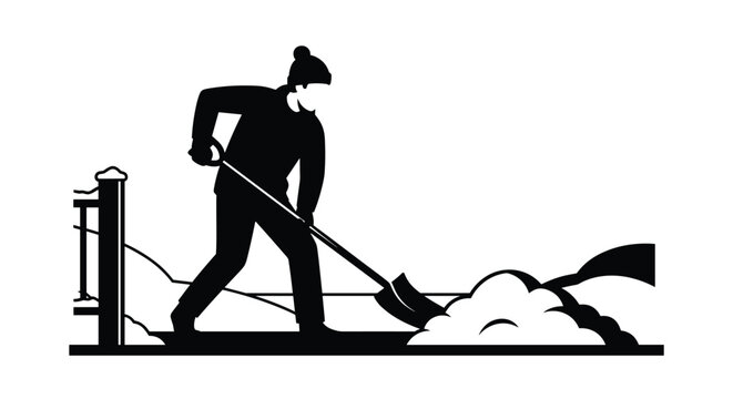 Person working hard to shovel deep snow away from a metal fence during a cold winter day in a simple black and white graphic illustration style.