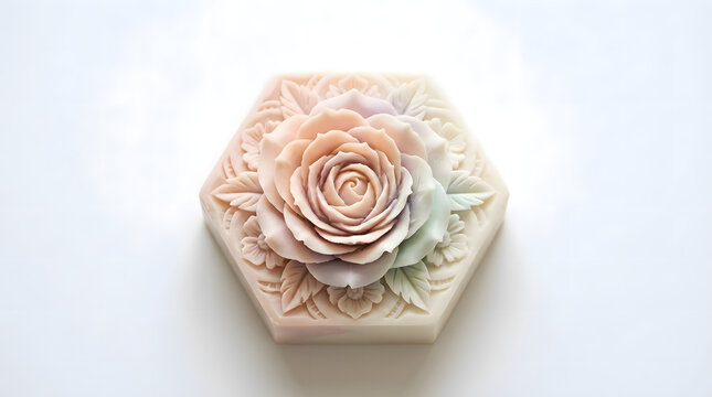 Handmade carved soap bar with beautiful pastel floral rose pattern isolated on white background. Luxury spa hygiene. AI generated.