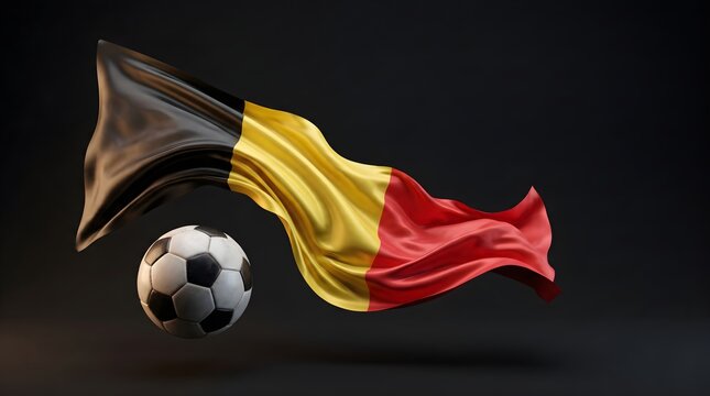 Soccer ball with waving Belgian flag on dark background for football tournament broadcast graphic design