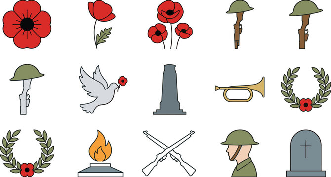 Remembrance Day and Anzac Day Icon Set with Red Poppy Flowers Military Helmets Rifles Cenotaph and Soldier Memorial Graphic Symbol Vectors