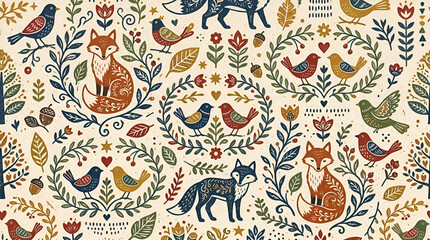 Naklejka premium whimsical forest animals seamless pattern with foxes birds and leaves on beige background