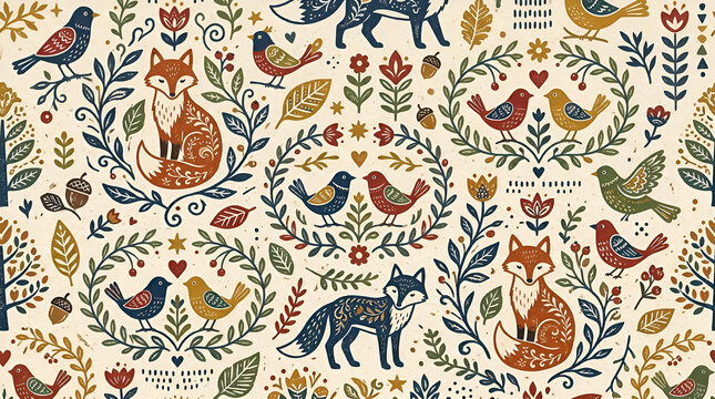whimsical forest animals seamless pattern with foxes birds and leaves on beige background