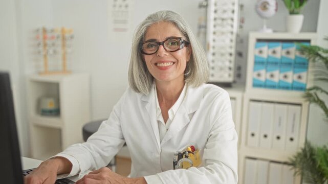 Woman with glasses giving thumbs up and holding a trial frame in an optometrist office building; confidence care.