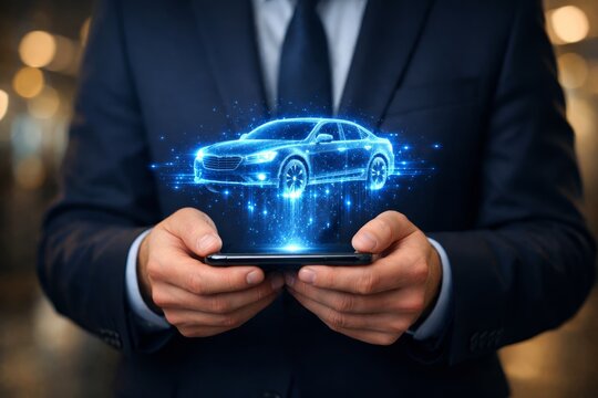 Digital car hologram illustration above smartphone. "" Ai generative