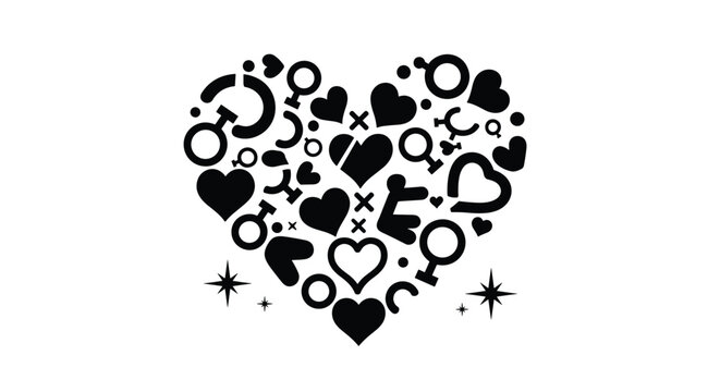 Heart shape composed of various gender symbols and small hearts with decorative stars highlighting a message of love and unity.