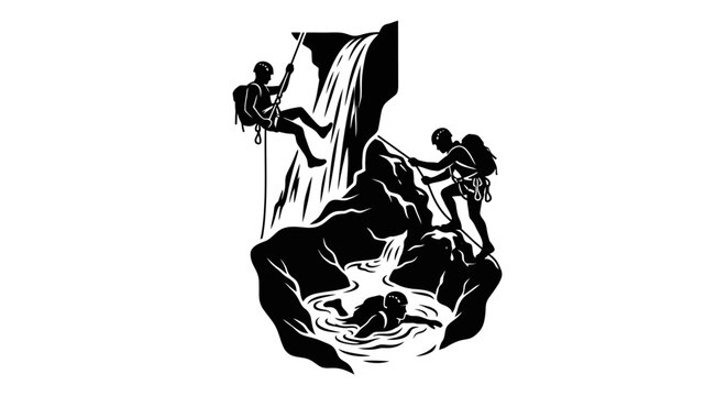 Silhouette illustration of adventurers mountaineering and rappelling by a mountain waterfall.