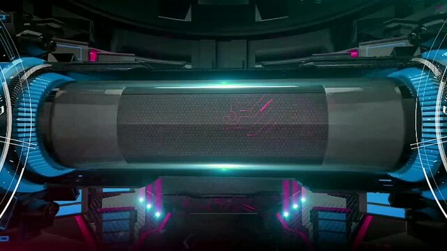 Cybernetic core glows with blue and purple hues. Futuristic design suggests advanced machinery or power source.