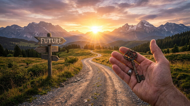 Person holding key at sunrise on mountain road