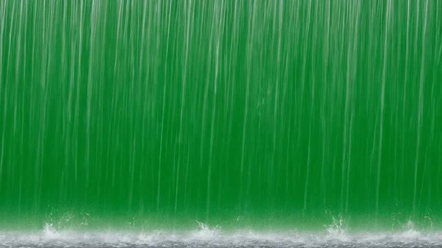 A vibrant green waterfall cascades down in a steady and rhythmic flow of water