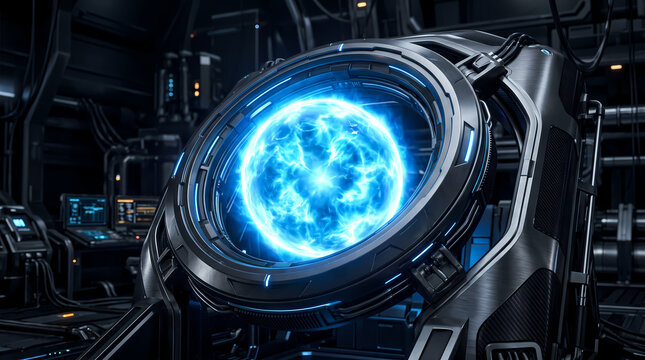 Futuristic clean metallic sci-fi reactor core containing a glowing blue energy sphere