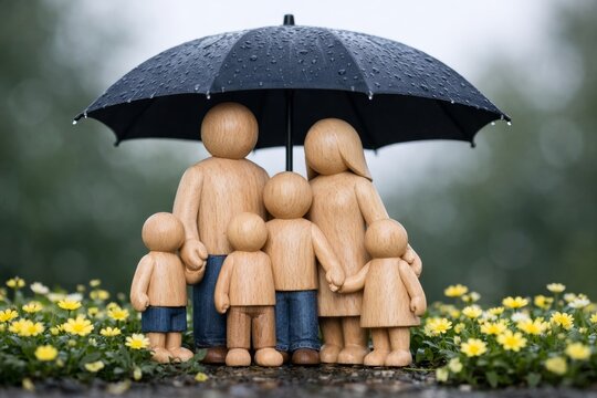 Wooden family figures standing together under umbrella."" Ai generative