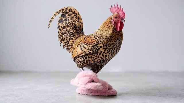 Slow motion panning shot of rooster balancing on pink slippers on studio concrete floor with neutral background, daytime calm portrait of spotted chicken and textured feathers