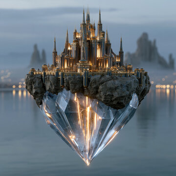 Floating crystal castle above quiet waters