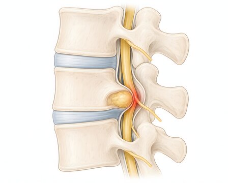 Lumbar disc herniation lateral diagram, nerve compression, spine medical illustration - diagram of lumbar disc herniation showing nucleus pulposus protrusion and nerve root compression