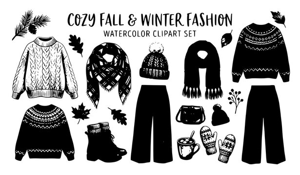 Create a premium hand-painted watercolor vector-style illustration collection of stylish fall and winter fashion essentials isolated on a solid white background. Include a cozy cable-knit sweater, wid