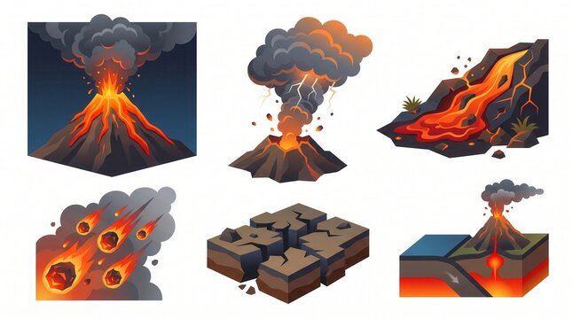 Shows powerful Earth events: volcanoes, lava, ground cracks, subduction