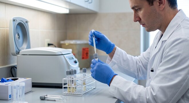 Medical professional in lab coat and gloves prepares a blood sample with pipette and test tubes in a clinical laboratory setting.