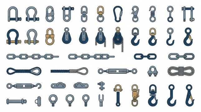 Diverse, neat marine/industrial rigging: shackles, hooks, ropes, chains