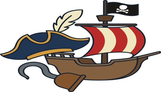 Detailed pirate ship illustration featuring a captain hat with feather and a metal hook icon design