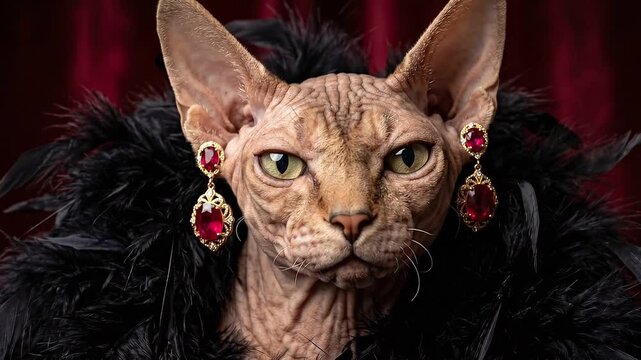 Slow tracking pan shot of sphynx cat wearing ruby earrings and black feather boa posing against red curtain studio backdrop; close up portrait emphasizing textured skin and direct gaze