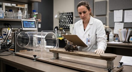Fototapeta premium Laboratory researcher records data while a mouse explores a behavioral testing station. Controlled experiment setup in a research lab environment.