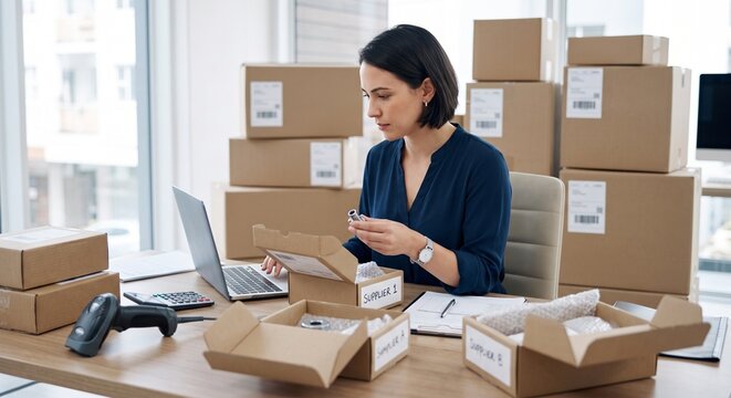 Businesswoman manages online orders and inventory at a desk with shipping boxes, laptop and barcode scanner in a modern office.