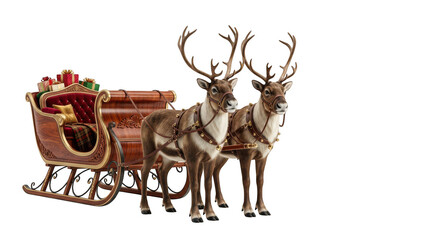 Fototapeta premium Santa claus sleigh with two reindeer pulling it isolated on transparent background