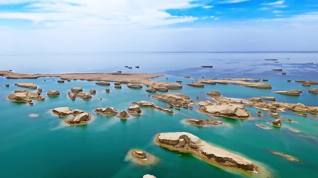 Aerial view of water yardang landforms in the Qaidam Basin, Qinghai, China
