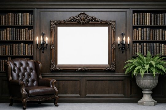 Classic library interior with ornate empty frame on wall. Ai generative