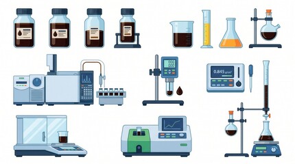 Fototapeta premium Various modern laboratory instruments and glassware display chemical testing and analysis