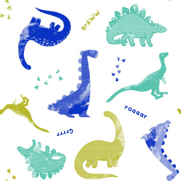 Whimsical watercolor dinosaurs in blue green and yellow with playful roars on white background