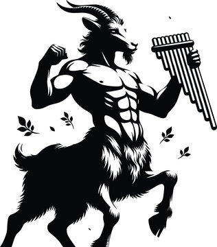 Mythical satyr playing pan flute, muscular half goat half man forest spirit character in black silhouette vector illustration inspired by ancient mythology
