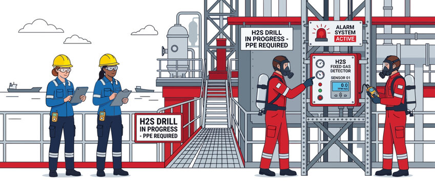Industrial Safety Drill: H2S Alert, PPE, and Oil Rig Workers