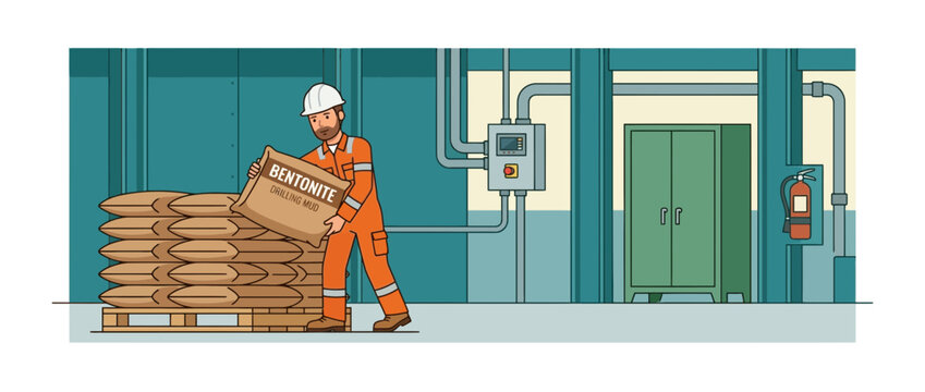 Industrial Worker Carrying Bentonite Bag in Warehouse, Construction Material Handling