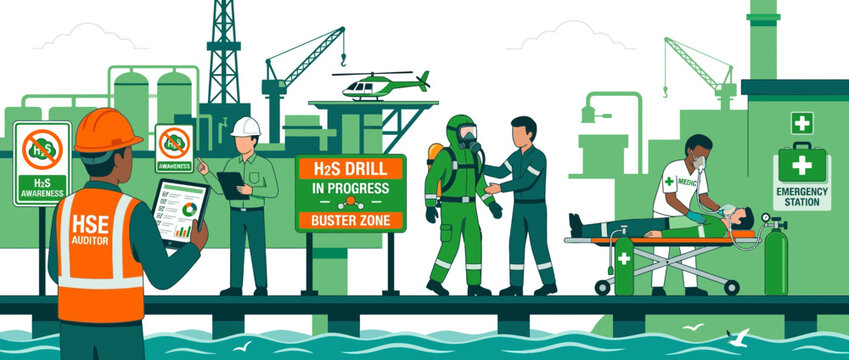 Industrial Safety Drill: Emergency Response, Hazmat, Medical Aid on Offshore Platform