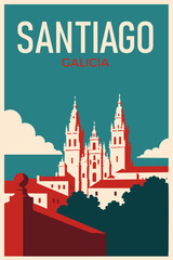 Vector travel postcard of Santiago de Compostela, Galicia, Spain, featuring the cathedral skyline in a retro flat design. © The Stock King