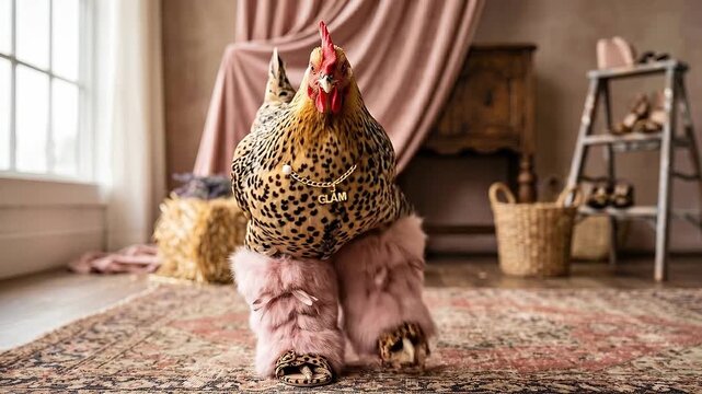 Tracking shot of speckled hen waddling forward wearing pink fur leg warmers in vintage living room with warm window light, playful styling, domestic setting