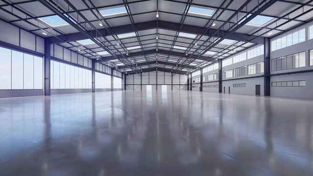 Large modern warehouse interior with reflective polished concrete floor and abundant natural daylight